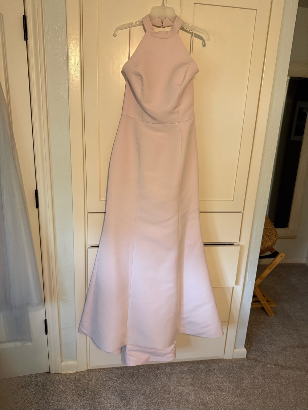 Amsale Halter Mermaid Prom Dress in Soft Blush Pink